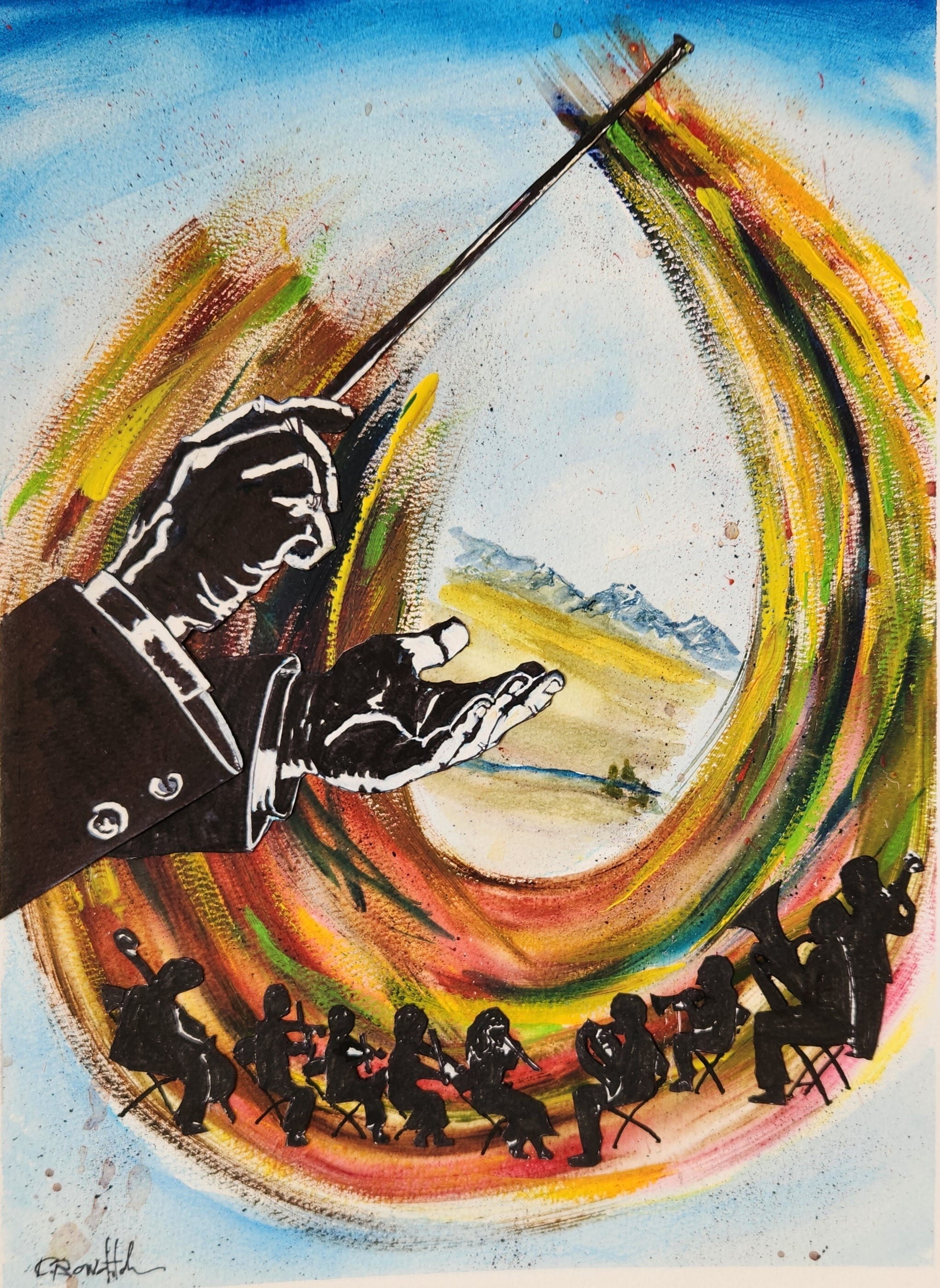 Painting of a hand conducting an orchestra